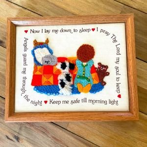 Vintage Framed Crewel Embroidery "Now I lay me down to sleep” prayer wall decor.